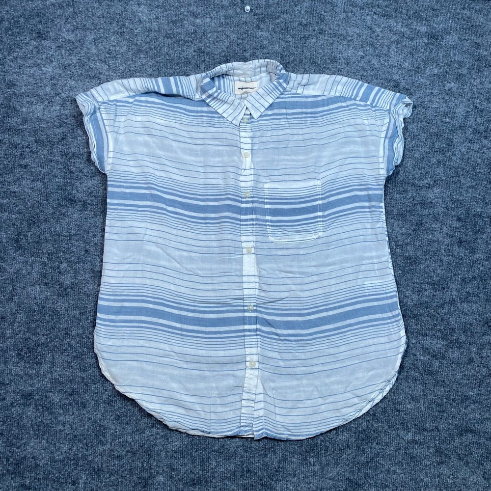 American Eagle Womens Blue White Striped Short Sleeve Button Down Shirt Size M